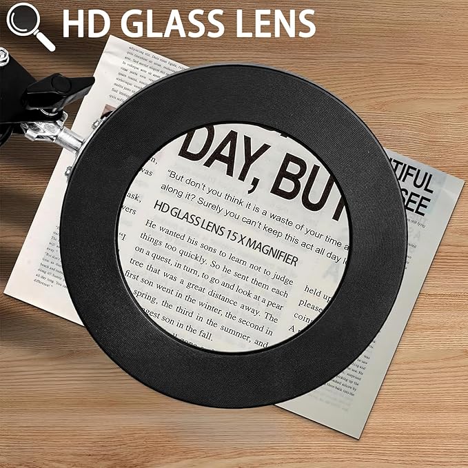 15X Magnifying Glass with Light, Table Lamp with Stand and Clamp, 2-in-1 LED Desk Lamp with Magnifier, 3 Color Modes, 72 LEDs, Real Glass Lens for Close Works, Craft, Hobby, Painting, Reading, Repair