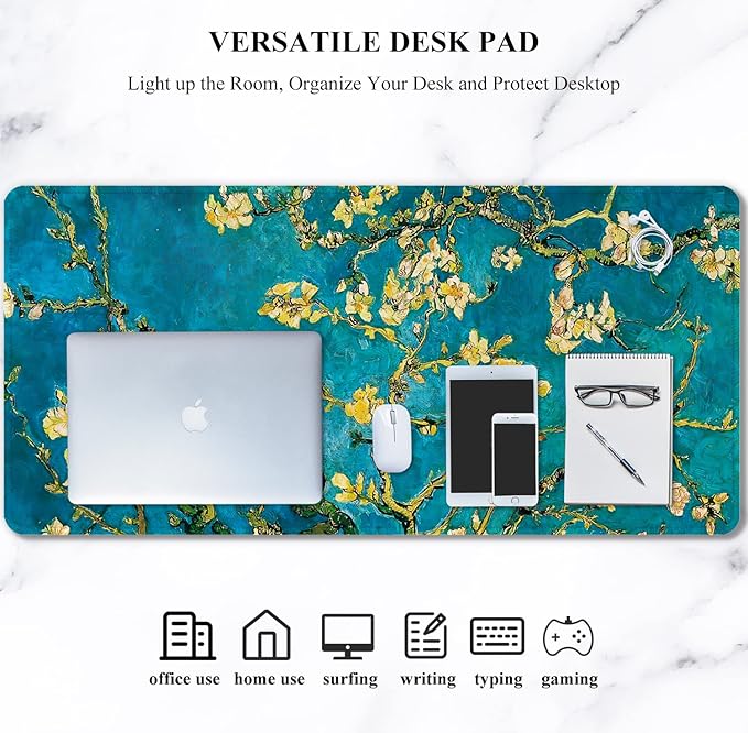 Auhoahsil Desk Pad, XXL Large Mouse Pad, Extended Gaming Mousepad, Cute Desk Mat for Women, Big Office Accessories Mouse Pad for Computer Keyboard and Laptop, 35.6" x 15.7", Teal Van Gogh Almond Tree