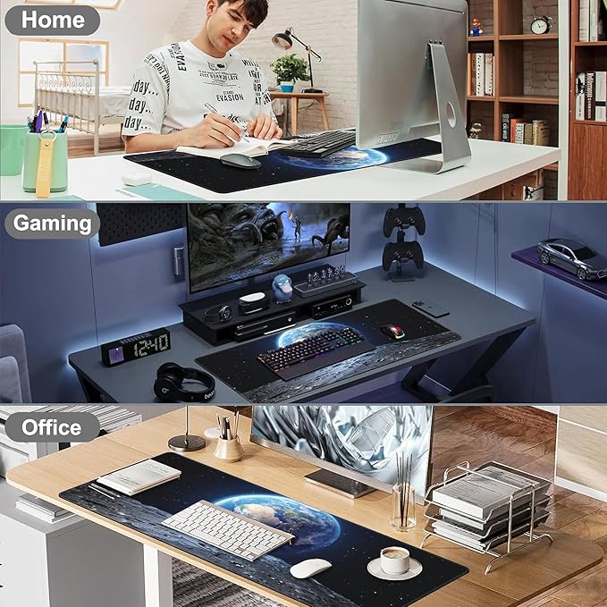 Mouse Pad, Large View of Earth from The Moon Surface Desk Mat, Extended Non-Slip Gaming Keyboard Mousepad Desk Pad, Thick Stitched Edges Waterproof Mouse Mat 31.5"x15.7" (Beautiful Blue Earth)