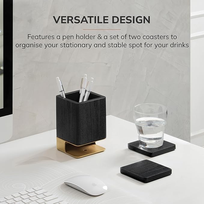 Anji Mountain Mango Wood Pen Holder with 2 Coasters, Stained Wood & Powder Coated Metal Pen Holder, Sustainable Room Decor Desk Organizer, Stylish Designer Pencil Case for Office Supplies