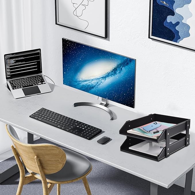 Leather Desk Organizer,2-Tier Stackable Letter Tray Holder,Office Supplies Desktop Storage Box for Document,Stationery,Magazines,Newspapers,Letters and Other Home Office Paper Sundries,Black