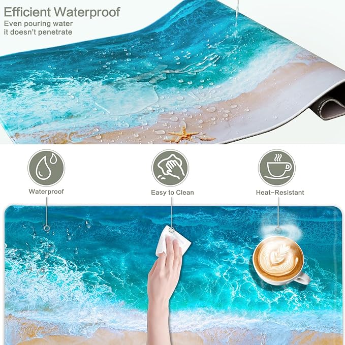 Blue Ocean Mouse Pad Desk Mat Starfish Beach Big Gaming Mouse Pad Anime Desk Pad Mousepad XXL Extended Keyboard Mat, Computer Laptop Mouse Mat for Work, Game, Office, Home, Waterproof, 31.5 x 15.7 in