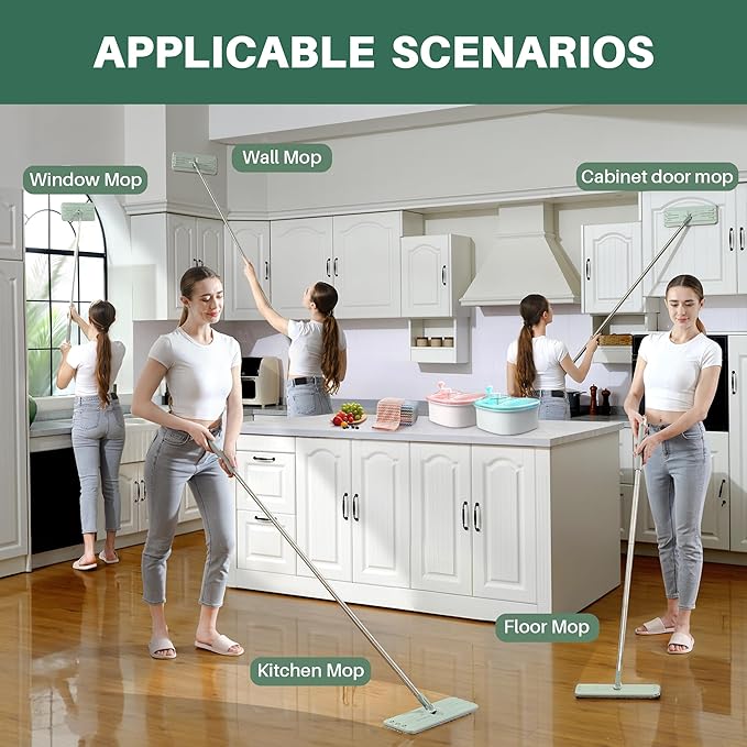 JOYMOOP Flat Mop, Microfiber Mops for Floor Cleaning and Long Handle Wall Cleaner, 60" Mop Handle with Flexible 15" Flat Head with a Microfiber Mop Pad - Green