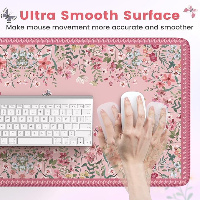 HAOCOO Rose Desk Pad Mat Floral, Cute Desk Matt for Desktop, Non-Slip Large Mouse Pad with Edge Stitching, Waterproof Keyboard Mat for Gaming, Office, Women Office Aesthetics