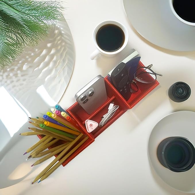 UnionBasic Desk Organizer, Desktop Caddy Leather Multi-compartment Pen Holder Office Stationer Organizer, Red