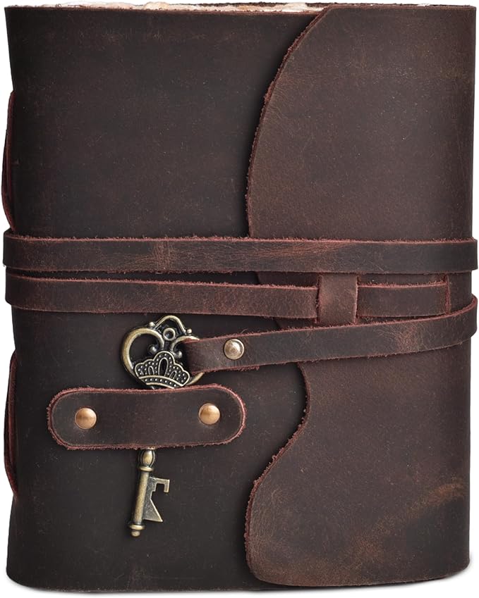 LEATHER VILLAGE Vintage Leather Journal – 200 Handmade Vintage Deckle Edge Paper – Leather bound Journal For Women Men – Vintage Key Closure - Book of Shadows - Chocolate Brown - 6X4 inches (A6)