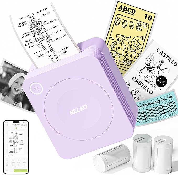 Nelko Sticker Printer, PM230 Print Pod Mini Bluetooth Portabel Sticker Maker with 3 Rolls Paper, Print Pods Mini Printer with Multiple Templates for Phone & Tablet，for School Office Home, Purple