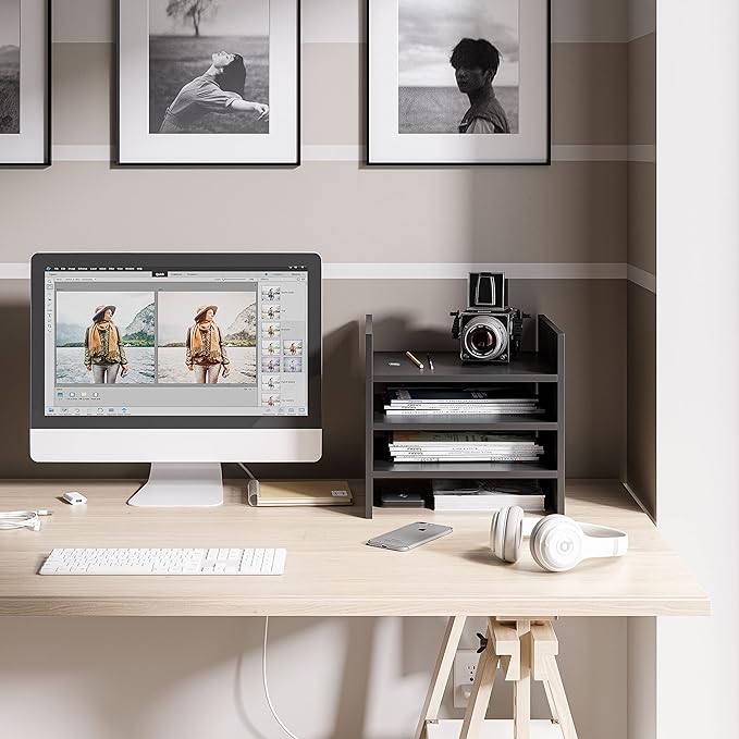 Ballucci 4-Tier Paper Sorter and File Organizer for Desk, Wood Mail Sorter, Fits into IKEA Kalax and ClosetMaid Cube Storage Shelves, Paper Tray, Mail Holder Stand for Classroom, Office, Black