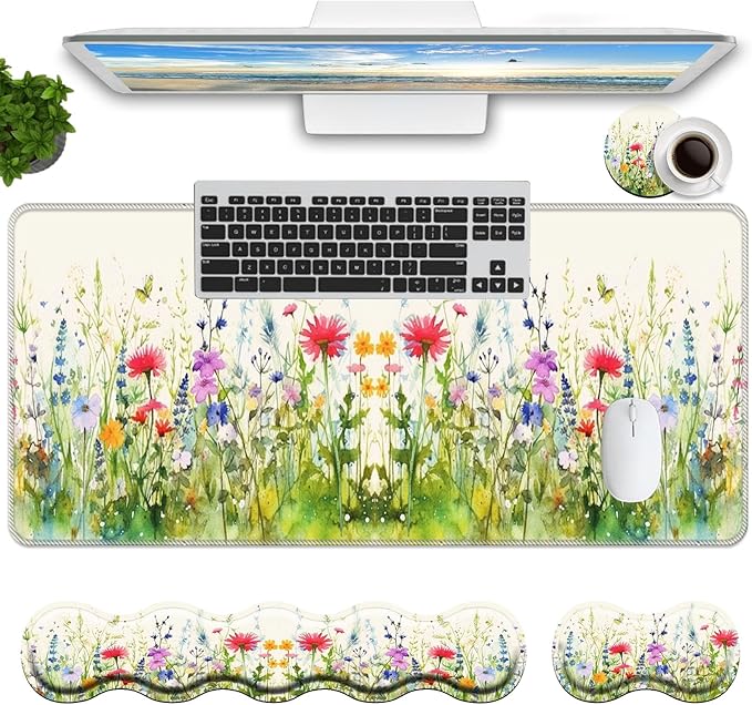 Keyboard Mouse Pad Set,Large Mouse Pad+Keyboard Wrist Rest+Wrist Support+Coaster,31.5x11.8in Extended Desk Mat for Computer Laptop Office Home - Plant Flower