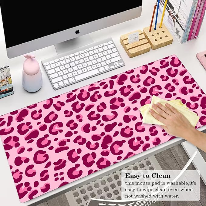 Pink Leopard Desk Pad Protector, Stitched Edges Mouse Pad, Large Office Desk Mat, Non-Slip Desk Blotter, Laptop Desk Pad, Desk Writing Pad for Office and Home (31.5" x 15.7 ")
