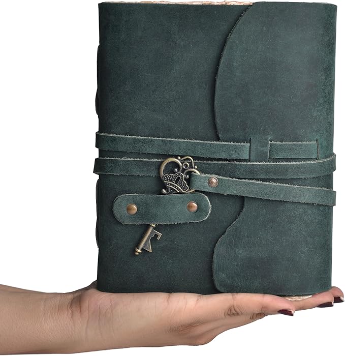 LEATHER VILLAGE Vintage Leather Journal – 200 Handmade Vintage Deckle Edge Paper – Leather bound Journal For Women Men – Vintage Key Closure - Book of Shadows - Turquoise - 8X6 inches (A5)