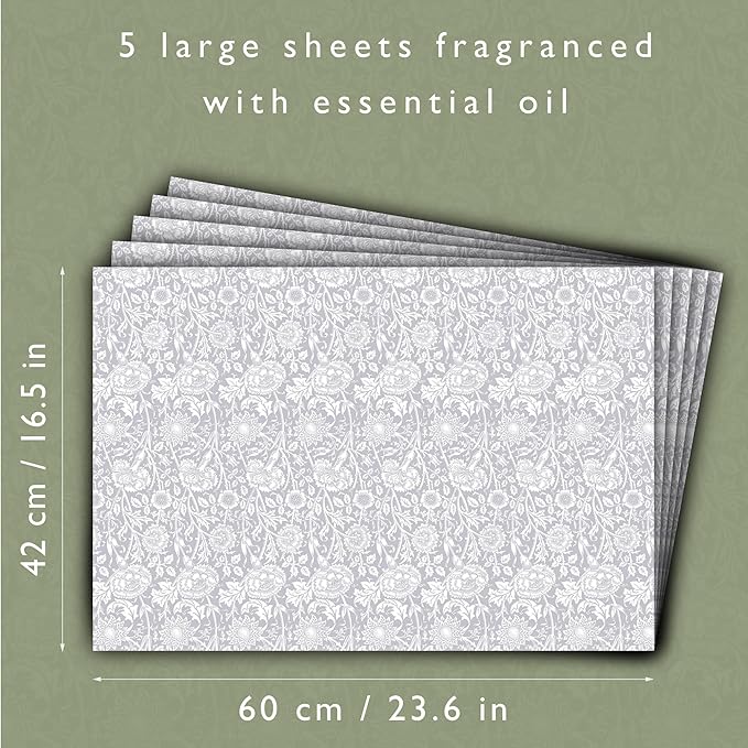 The Master Herbalist LILY OF THE VALLEY Scented Drawer Liners in a GREY William Morris Design | Pack of 5 Sheets (FOLDED) | Contains Essential Oils | Made in Britain