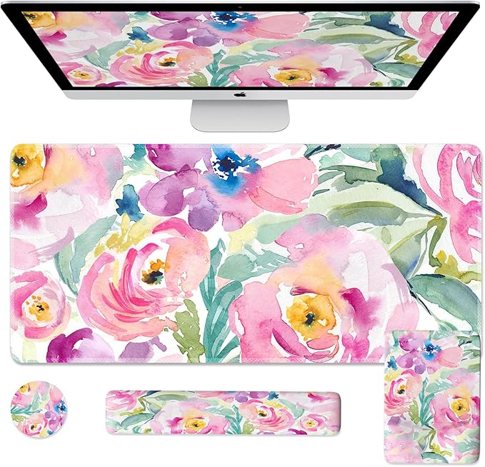 iCasso Mouse Pad with Wrist Rest,Large Desk Mat Set,Ergonomic Keyboard Pad with Wrist Support,Non-Slip Mouse Mat for Women,Cute Floral Computer Mat for Home Office Gaming (Watercolor Flowers)