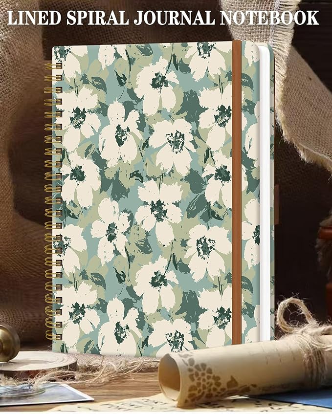 Spiral Journal Notebook for Women, Hardcover A5 College Ruled Notebook, 120 Pages, Thick Paper, Cute Lined Journal for School, Office & Work, 6 x 8.4 in(Floral Green)
