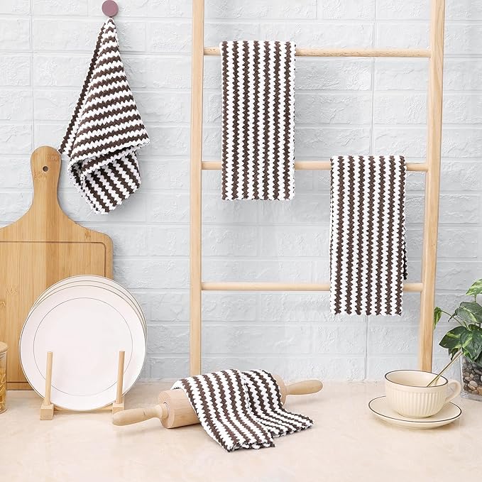Homaxy Kitchen Towels(24 Pack, 10 x 20 inches), Ultra Soft and Absorbent Dish Towels, Reusable Fast Drying Microfiber Cleaning Cloth, Coral Velvet Wave Design No-lint, Brown