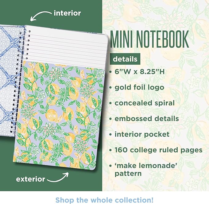 Lilly Pulitzer Concealed Spiral Mini Notebook, 6 x 8.25 Small Journal with 160 College Rules Pages, Make Lemonade