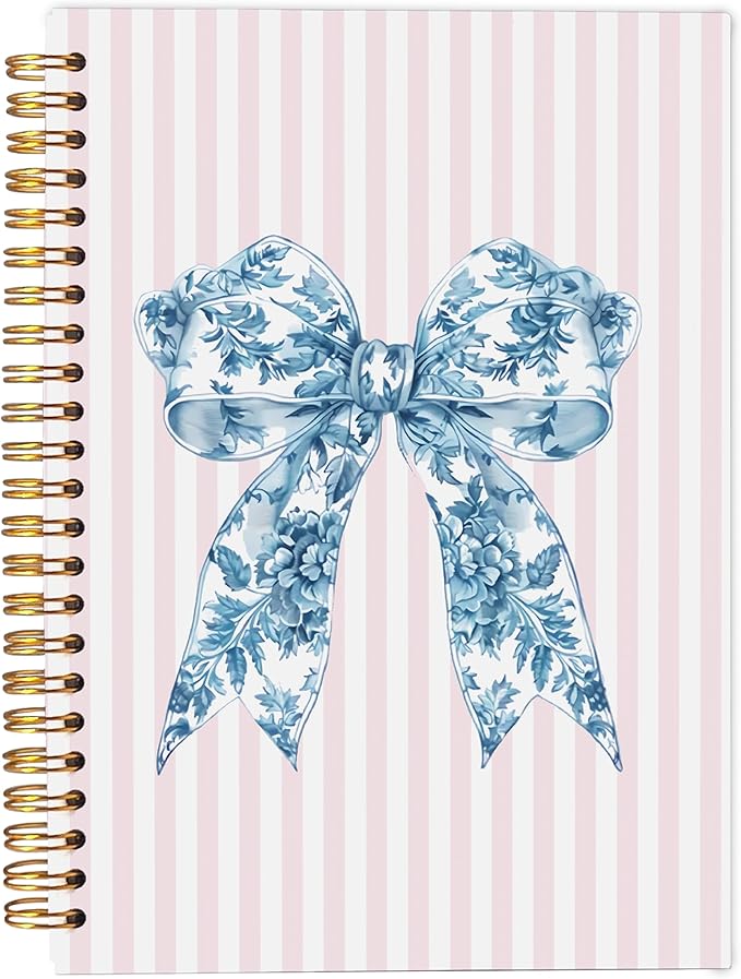 Chinoiserie Blue Floral Bow Notebook Journal, Preppy Aesthetic Journal Notebook for Note Taking Work, Girly Notebook, Preppy Stuff, Pink Striped Spiral Notebook 5.5x8.3 Inch