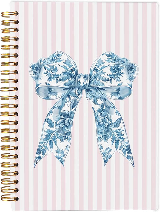 Chinoiserie Blue Floral Bow Notebook Journal, Preppy Aesthetic Journal Notebook for Note Taking Work, Girly Notebook, Preppy Stuff, Pink Striped Spiral Notebook 5.5x8.3 Inch