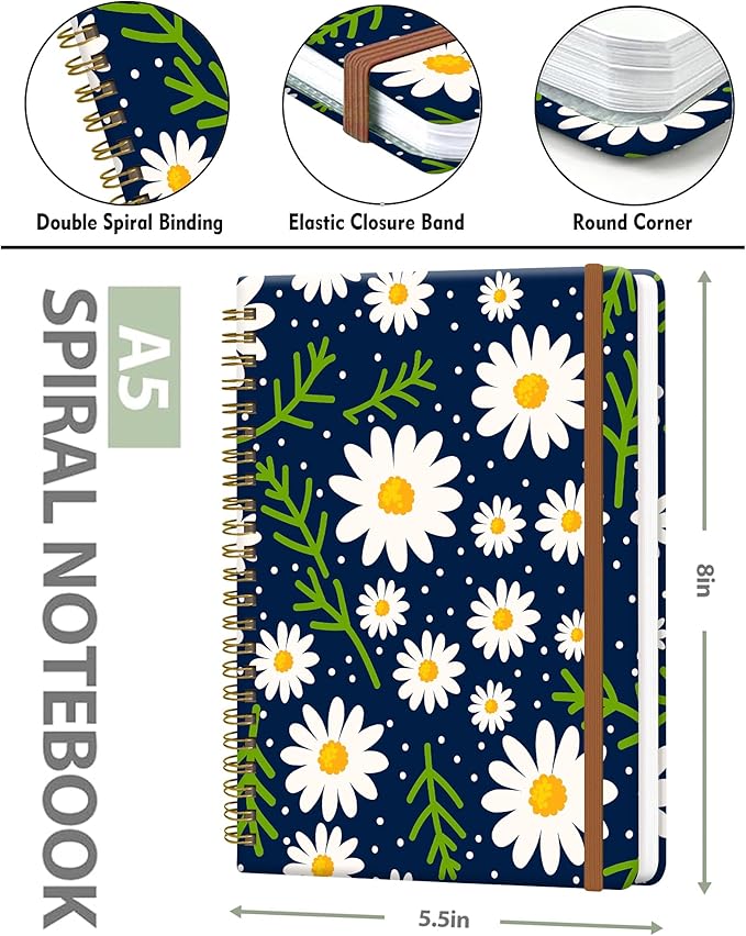 WLPFSAHF Spiral Journal Notebook for Women, Hardcover A5 College Ruled Notebook, 120 Pages, Thick Paper, Cute Lined Journal for School, Office & Work, 6 x 8.4 in(Little Daisy Flower)