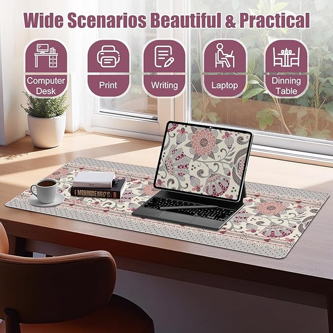 Cute Desk Mat, Large Desk Matt for Desktop, Woman DeskPad Mat, XXL Big Mouse Pad, Anti-Slip Mousepad with Stitched Edges,Keyboard Pad Mouse Mat Cover for Computer 35.4×15.7 in,Cream Flowers