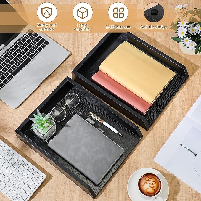 2 Pcs Wooden Letter Trays Wood Letter-Size Desk Organizer Heavy Duty 2 Tier Stackable Supports Paper Tray Desktop Drawer Organizer File Folder Magazine Office Accessories (Black)