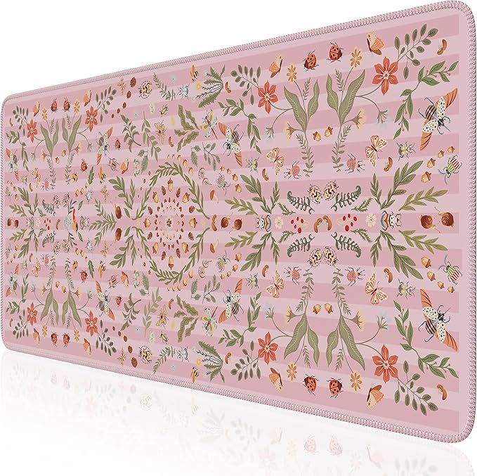 iCasso Floral Desk Matt for Desktop,Cute Desk Pad for Keyboard and Mouse with Stitched Edges,XXL Extended Large Computer Mat 35.4 x 15.7 inch,Non-Slip Gaming Mousepad for Women,Office,Home(Pink)