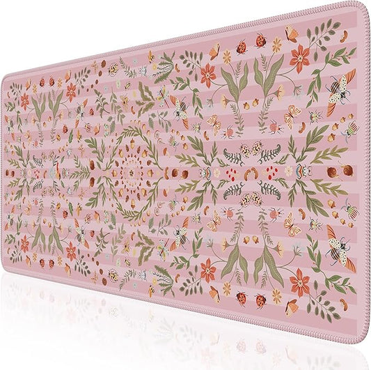 iCasso Floral Desk Matt for Desktop,Cute Desk Pad for Keyboard and Mouse with Stitched Edges,XXL Extended Large Computer Mat 35.4 x 15.7 inch,Non-Slip Gaming Mousepad for Women,Office,Home(Pink)