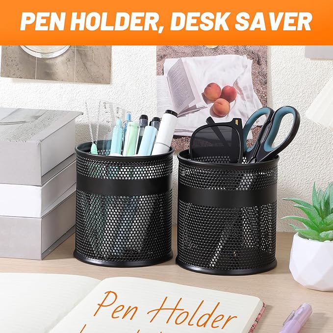 Segarty Pen Cup, 3 Pack Black Pen Holder for Desk, 3.9 x 4.2 inch Large Metal Round Pencil Container Set Marker Holder for Office Supply, Desktop Accessories, Makeup Brush, School Student Teacher