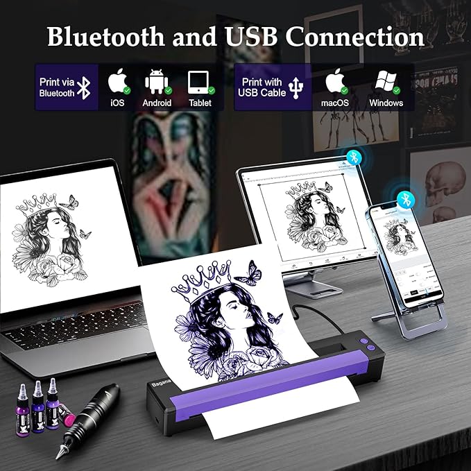 Bagana Tattoo Stencil Printer, Bluetooth Thermal Wireless Portable Temporary Tattoo Transfer Printer Machine Kit Compatible with Tablet,Smartphone & PC