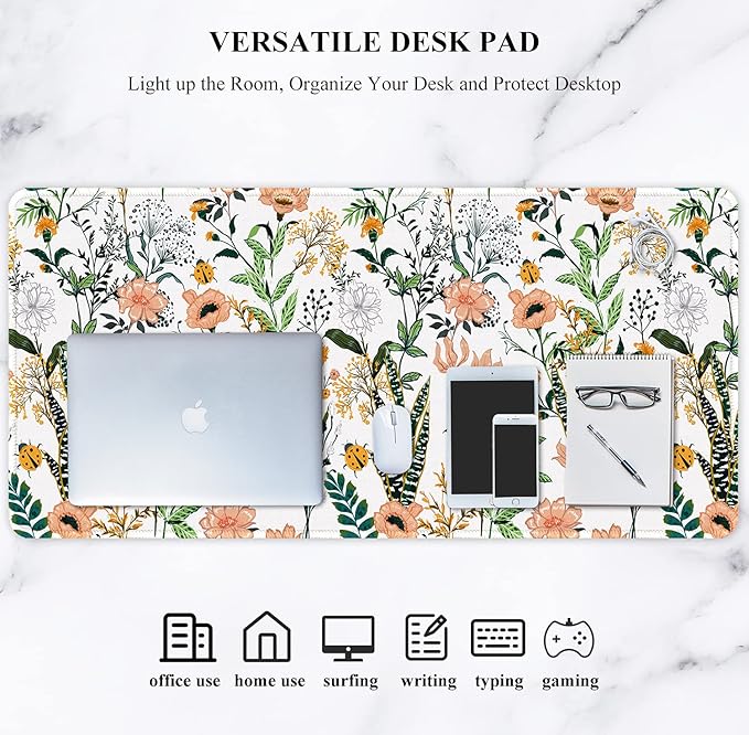 Auhoahsil Extended Mouse Pad, XXL Gaming Mouse Pads, Large Big Mousepad Laptop Computer Keyboard Mat Desk Pad with Non-Slip Base and Stitched Edge for Gaming Office, 35.5 x 15.7 inch, Flowers Print