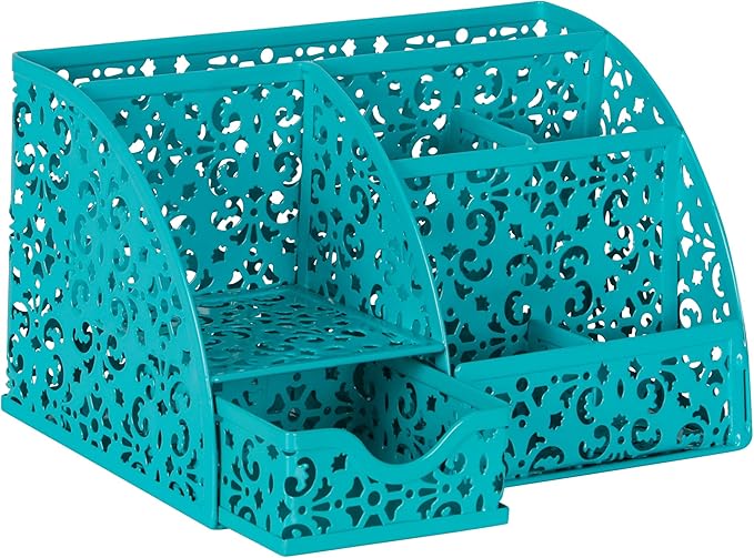 EasyPAG Desk Organizer with Sliding Drawer - 6 Compartments Metal Desktop Caddy, Decorative Elegant Hollow Flower Design, Anti-Scratch Pads for Home, Office, School, Dark Teal