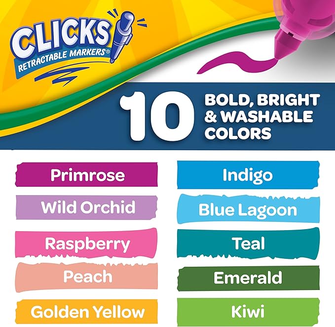 Crayola Clicks Retractable Markers - Bold (10ct), No Dry Washable Markers for Kids, Click Markers for School, Must Have Coloring Supplies, Gifts
