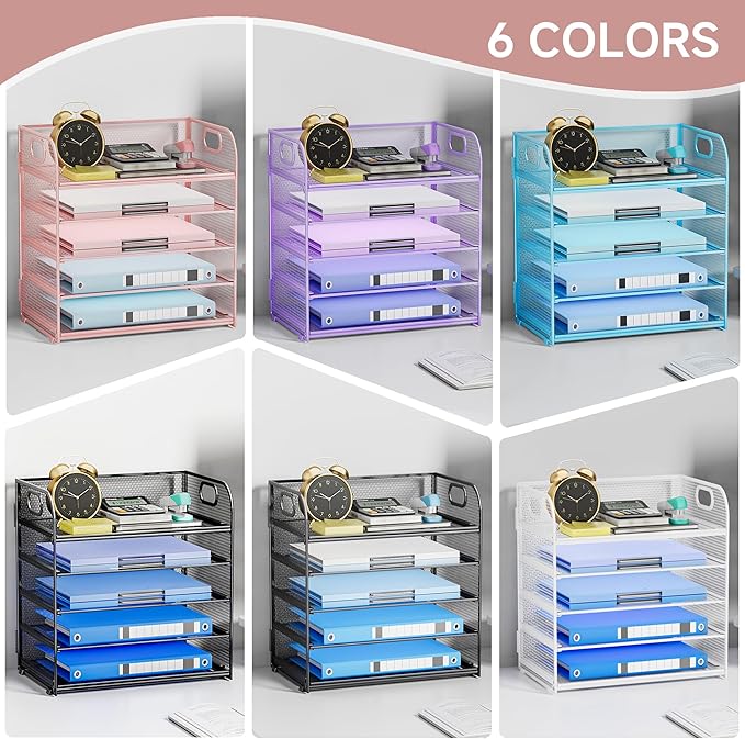Paper Organizer for Desk Organizers and Accessories for Office 5 Tier Letter Tray Storage with Handle Mesh Desktop Paper Holder for School- Pink