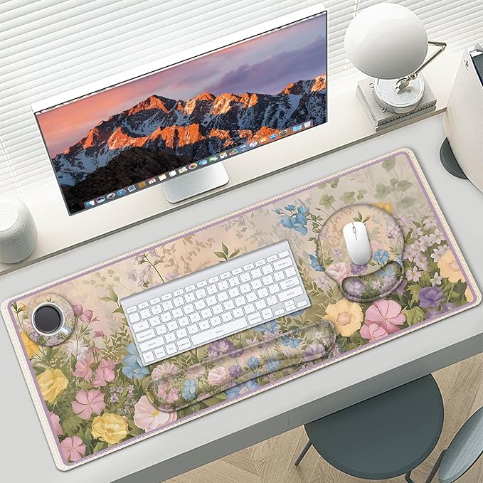 AIMSA Large Gaming Mouse Pad, Keyboard Wrist Rest Pad, Wrist Support Mousepad Set, Extended Desk Pad Ergonomic Desk Mat for Home Office, Beautiful Flowers