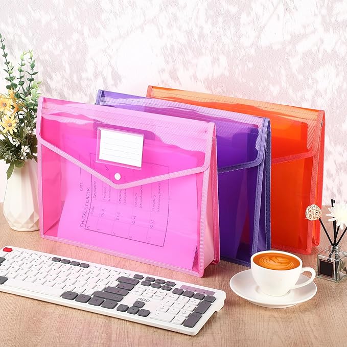 Epakh 3 Pack B4 Plastic Expanding File Folders Wallet for School Classroom Envelope File Folder Document Organizer Colorful Receipt Organizer with Snap Closure for Office (Pink Purple Orange)