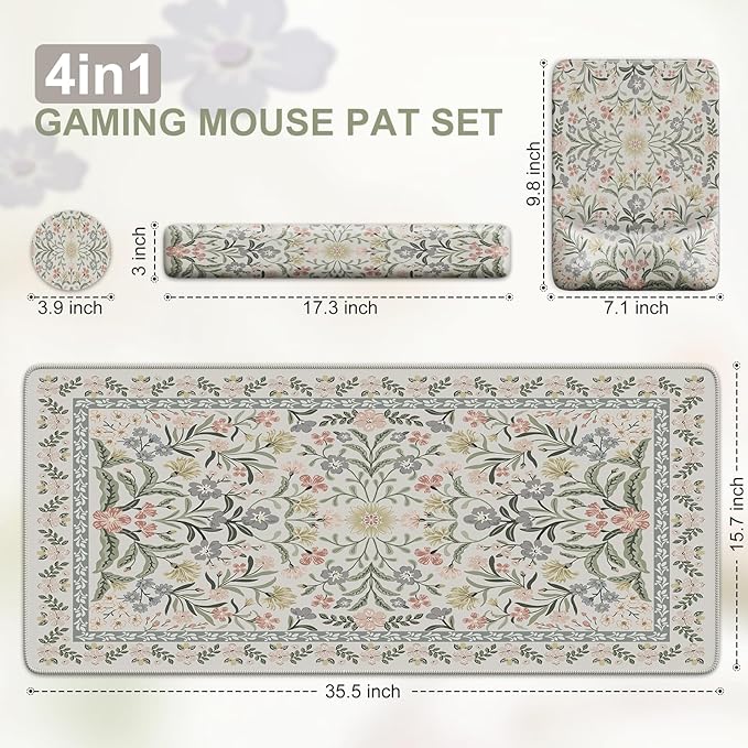 iCasso Mouse Pad with Wrist Rest,Large Desk Mat Set,Ergonomic Keyboard Pad with Wrist Support,Non-Slip Mouse Mat for Women,Cute Floral Computer Mat for Home Office Gaming (Gray Floral)
