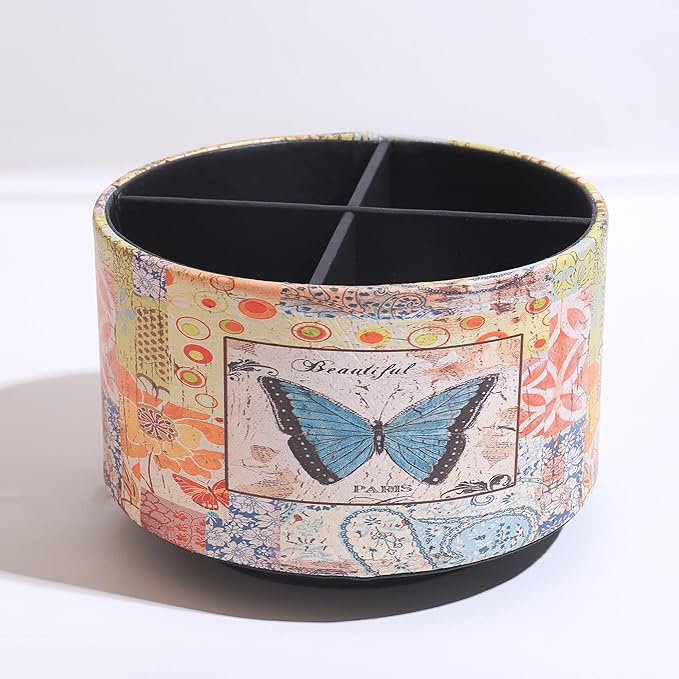 360° Rotate Desk Pen Organizer, Makeup Brush Holder Organizer, Makeup Organizers Countertop, TV Remote Control Holder,Leather Remote Caddy,Dual-Purpose Art Supply Pencil Cup (Blue Butterfly)