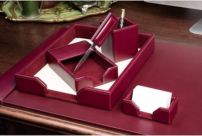 DACASSO Bonded Leather Desk Set - Luxury Leather Desk Pad & Desk Organization Essentials (Burgundy, 6 Piece)