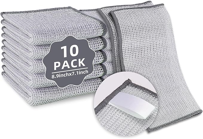 10 Pack Stainless Steel Scrubber, Reusable Diamond Weave Scrubber Cloths, Non-Scratch Heavy-Duty Metallic Fiber Cleaning Cloth for Kitchen, Multi-Use Dishwasher Rags