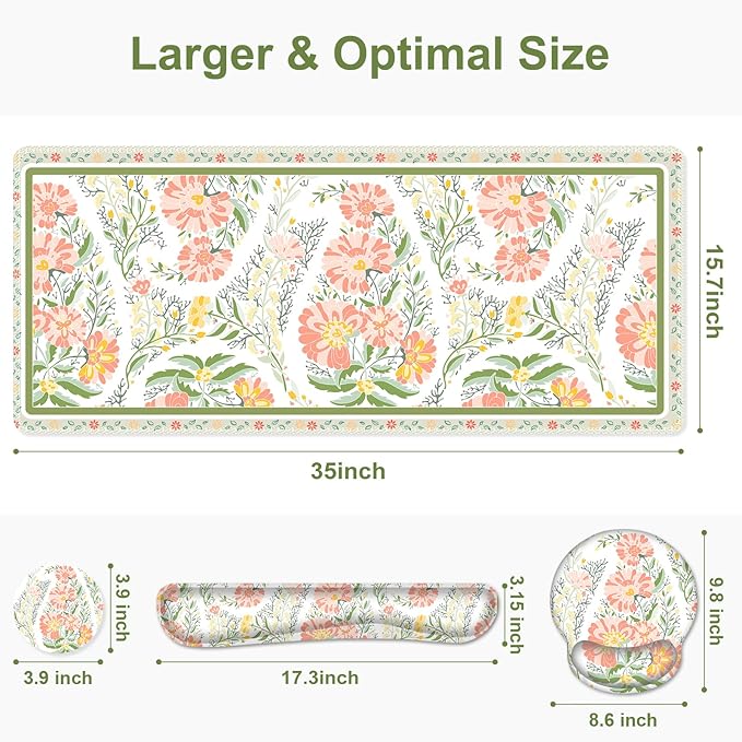 Desk Mat, 4in1 Large Mouse Pad with Wrist Rest, Cute Desk Matt for Desktop, Deskpad Mat, Anti-Slip XXL Computer Ergonomic Mousepad with Wrist Support for Keyboard and Mouse I Elegant Daisy Florals