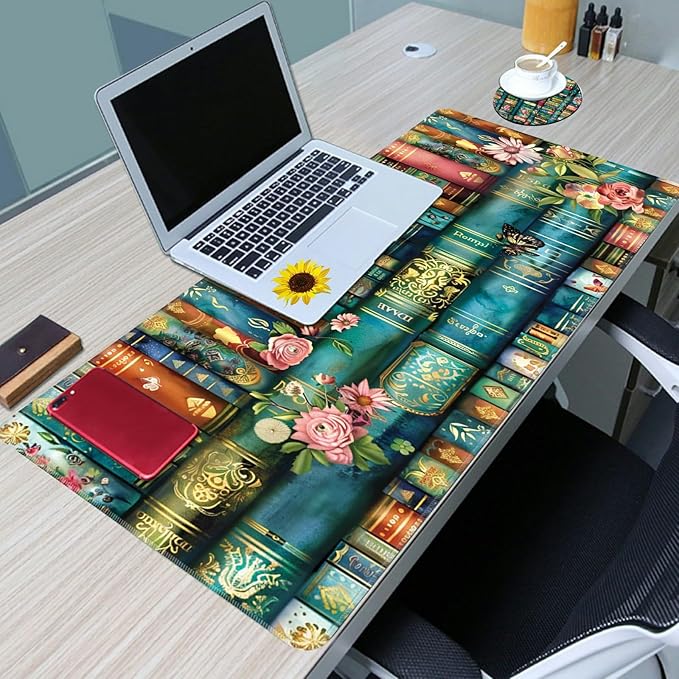 Desk Mat XL Mouse Pad + Coaster, Large Gaming Mouse Pad (31.5x11.8 inch) with Stitched Edges, Extended Mouse Mat Keybroad Mousepad Non-Slip Rubber for Gamer Men Women, Magic Books Flowers