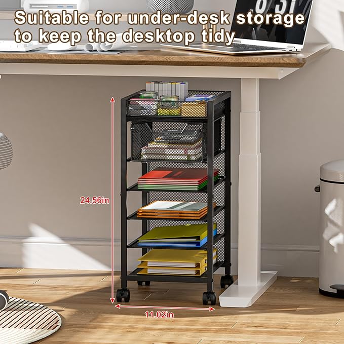 keomaisyto Under Desk Storage Slim File Cabinet, 6-Tier Rolling File Cart with Paper Letter Tray & Drawer, Standing Paper Organizer with Wheels, Narrow Desk Organization for Home Office Workspace