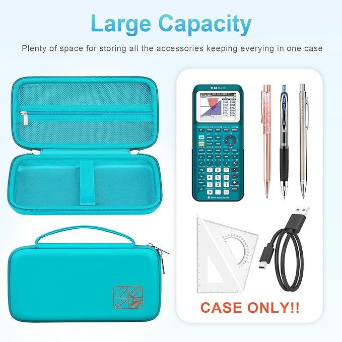 BOVKE Hard Travel Case for Texas Instruments TI-84 Plus CE/TI-84 Plus/TI-83 Plus CE/TI-83 Plus/Casio fx-9750GIII Graphing Calculator, Mesh Pocket for USB Cables, Manual, Pens, Accessories, Teal