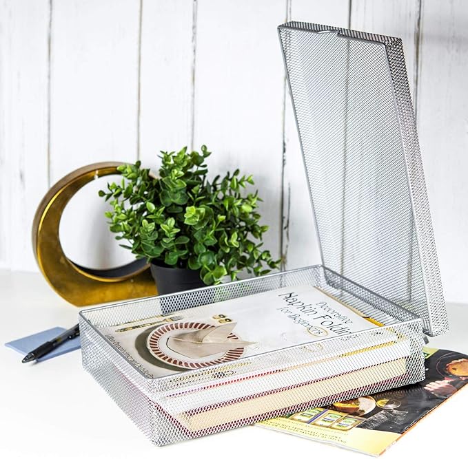 YBM HOME Silver Hinged Mesh Pencil Box Holder and Desktop Organizer for Office, Small Metal Box Storage Box with Lid for Markers, Pens, Erasers, Office Supplies - 1-Unit, Medium 2376