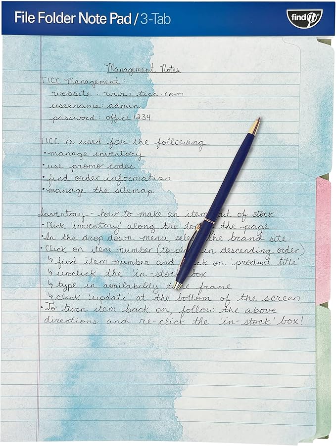 Find It File Folder Notepad - Pack of 72-9.5 x 12.5 Inch Notebook Organizer Folders for Filing, Document, and Clipboard Organization - Watercolor