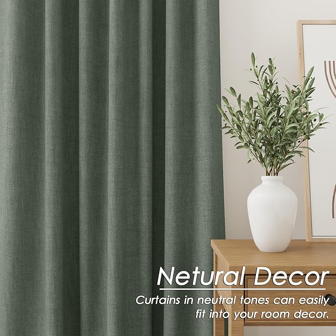 Nanspring Olive Green Linen Blackout Curtains 72 inch Length for Living Room Boho Farmhouse Back Tab Rod Pocket Thermal Insulated Textured Living Room Blackout Curtains 2 Panels Set 52x72 Inch
