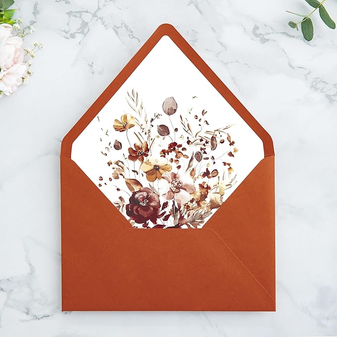 PONATIA 50PCS A7 Euro Flap Envelopes, 5.25 x 7.25'' Burnt Orange Flowers Liner Envelopes for 5x7 Wedding Invitations, Photos, Postcards, Greeting Cards, Christmas Gift Cards, Acrylic Mailing