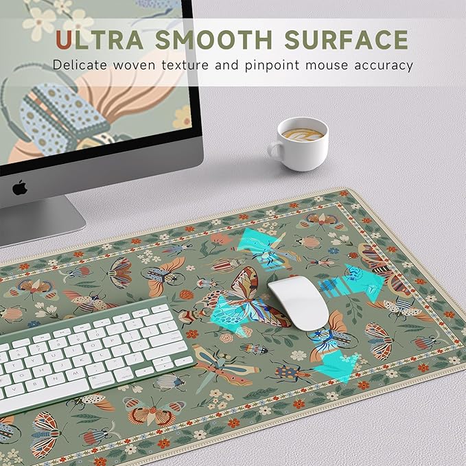 HAOCOO Keyboard Mat, Green Desk Mat for Keyboard and Mouse, Floral Desk Mat with Non-Slip Rubber Base, Computer Mats for Desktop, Large Waterproof Mouse Pad for Desk, Gaming & Office