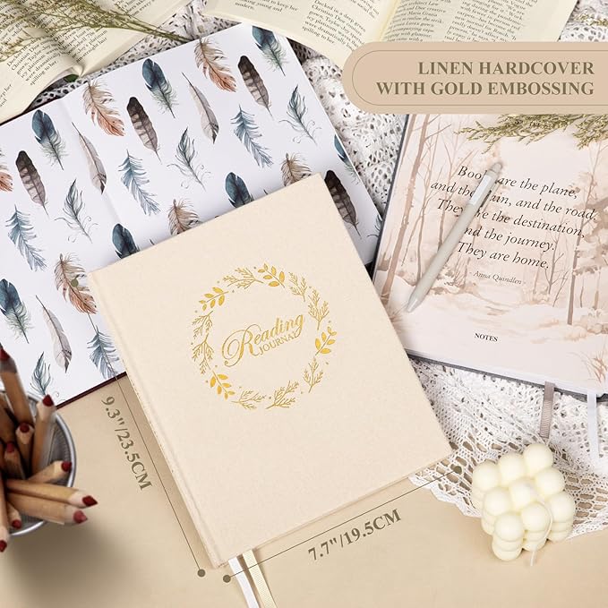 Lanpn Reading Journal Book Journal for Book Lovers Readers, 52 Book Reviews Linen Hardcover Book Tracker Journal, 158 Pages Reading Log Book Reading Notebook Bookish Gifts, 9.3" x 7.7" (Beige)