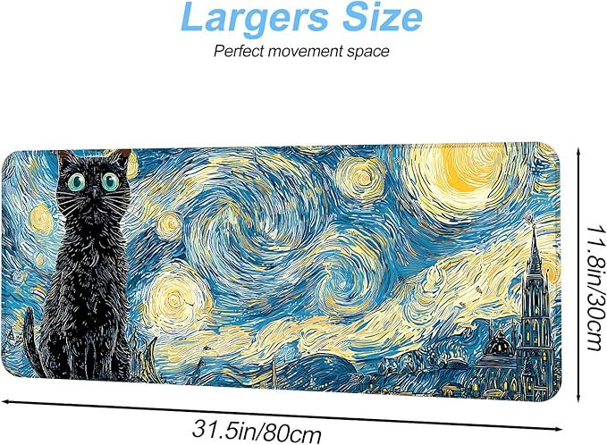 Vincent Van Gogh Starry Night Black Cat Mouse Pad – Large 31.5" x 11.8" Extended Desk Mat with Artistic Swirling Starry Sky Design, Non-Slip Rubber Base, Smooth Surface for Gaming & Office